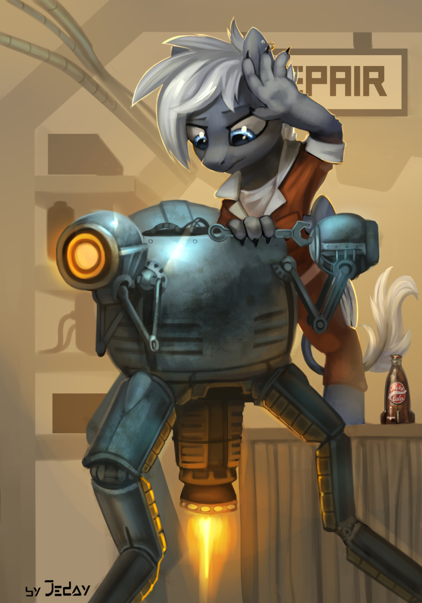 2018 ambiguous_gender artemis_(oc) bethesda_softworks black_body black_fur blue_eyes clothing duo english_text equid equine fallout fan_character feral fur hasbro hi_res horse jedayskayvoker jumpsuit looking_down machine male mammal mane mr._handy my_little_pony nuka-cola paws pony repair robot signature tail_tuft text tools tuft video_games white_mane white_tail wrench