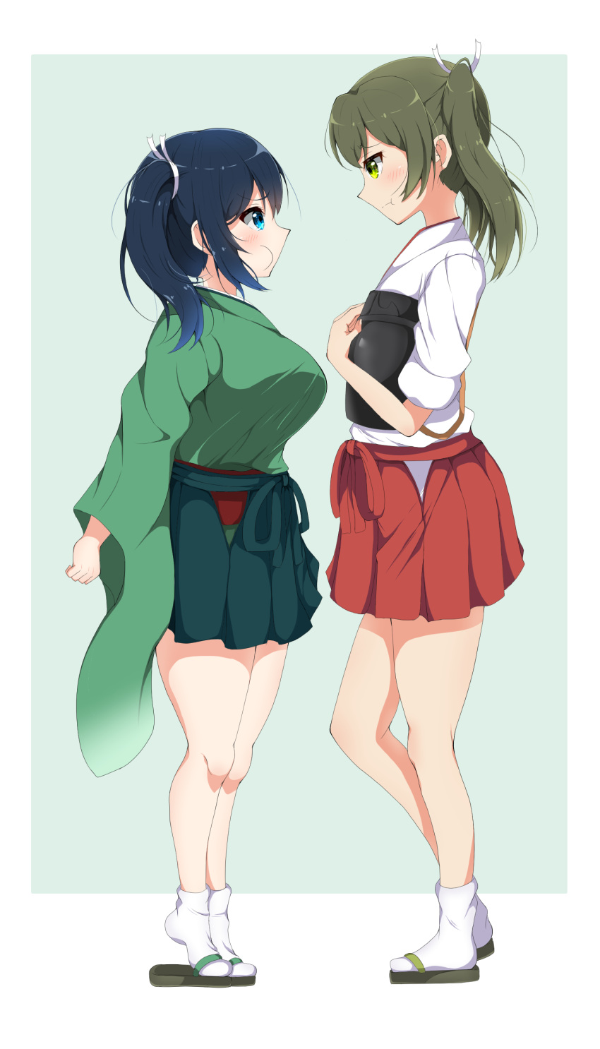 2girls absurdres blue_eyes blue_hair breasts dark_green_hair flat_chest from_side full_body green_eyes green_hakama green_kimono hair_ribbon hakama hakama_skirt height_difference highres japanese_clothes kantai_collection kimono large_breasts long_hair multiple_girls muneate red_hakama ribbon souryuu_(kantai_collection) standing tabi twintails white_footwear white_ribbon wide_sleeves yuyu_hihi40 zouri zuikaku_(kantai_collection)