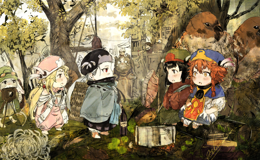 1boy 5girls animal bangs barefoot black_dress black_hair blonde_hair blue_capelet blue_headwear bottle brown_eyes brown_hair bunny campfire capelet character_request clothed_animal commentary_request day dress goggles goggles_on_headwear green_dress green_headwear grey_cloak grey_hair hair_between_eyes hakumei_(hakumei_to_mikochi) hakumei_to_mikochi hat highres hiranko iwashi_(hakumei_to_mikochi) konju_(hakumei_to_mikochi) long_hair low_ponytail low_twintails mikochi_(hakumei_to_mikochi) multiple_girls narai_(hakumei_to_mikochi) outdoors pink_dress pink_headwear ponytail pot profile puffy_short_sleeves puffy_sleeves red_eyes sen_(hakumei_to_mikochi) short_eyebrows short_sleeves signature sitting thick_eyebrows tree twintails very_long_hair white_dress wine_bottle