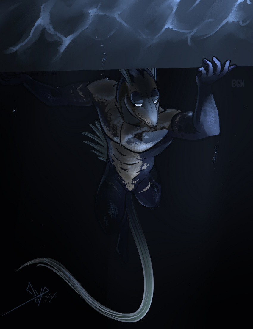 animal_humanoid anthro bedroom_eyes bgn fish fish_humanoid half-closed_eyes hi_res humanoid looking_at_viewer male marine marine_humanoid muscular muscular_anthro muscular_male narrowed_eyes raised_arm scales seductive solo swimming telescopefish underwater water