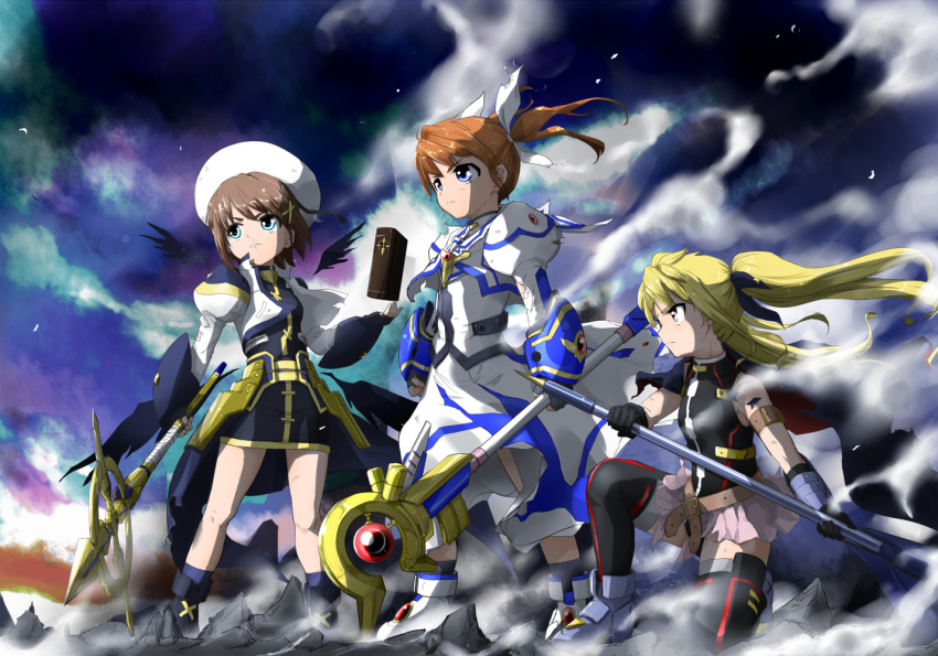 3girls armor armored_dress ban_(777purin) bangs bardiche belt beret black_cape black_dress black_footwear black_gloves black_legwear black_leotard black_ribbon black_wings blonde_hair blue_eyes boots bracelet brown_belt brown_hair cape capelet closed_eyes cloud cloudy_sky commentary debris denim dress fate_testarossa feathered_wings fingerless_gloves frown gloves greaves grey_footwear hair_ornament hair_ribbon hat holding holding_staff holding_weapon jacket jeans jewelry juliet_sleeves leotard long_dress long_hair long_sleeves looking_to_the_side lyrical_nanoha magical_girl mahou_shoujo_lyrical_nanoha mahou_shoujo_lyrical_nanoha_a's mahou_shoujo_lyrical_nanoha_the_movie_2nd_a's miniskirt multiple_girls multiple_wings night night_sky one_knee pants pink_skirt pleated_skirt poleaxe puffy_sleeves raising_heart red_capelet red_eyes ribbon schwertkreuz short_dress skirt sky sleeveless smoke socks staff standing takamachi_nanoha thighhighs tome_of_the_night_sky torn_clothes torn_dress torn_jeans torn_pants twintails two-sided_fabric waist_cape weapon white_dress white_footwear white_headwear white_jacket white_ribbon wind wings x_hair_ornament yagami_hayate