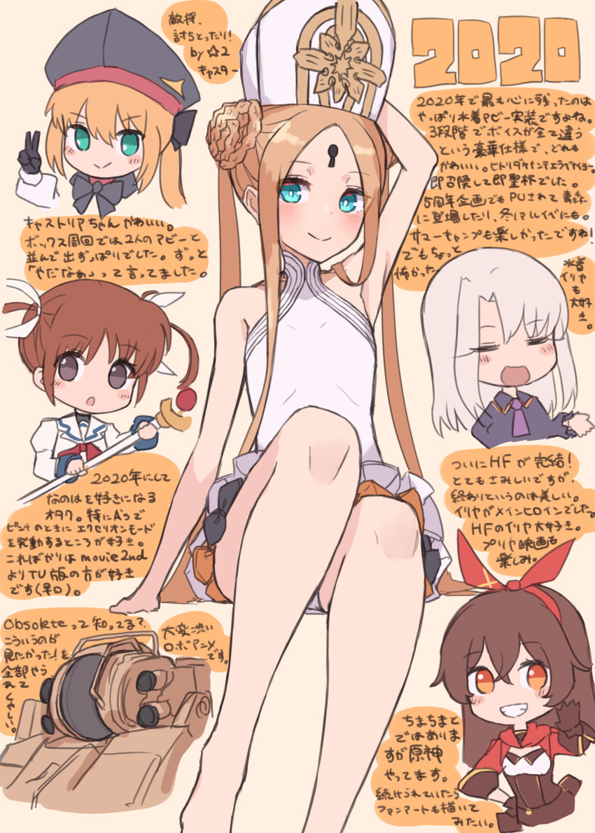 5girls abigail_williams_(fate/grand_order) abigail_williams_(swimsuit_foreigner)_(fate) absurdres amber_(genshin_impact) artoria_pendragon_(all) artoria_pendragon_(caster) bangs bare_shoulders black_bow blonde_hair blue_eyes bow braid braided_bun breasts brown_eyes brown_hair character_request chibi closed_eyes copyright_request double_bun dress_swimsuit fate/grand_order fate/stay_night fate_(series) forehead genshin_impact green_eyes grin highres illyasviel_von_einzbern keyhole kopaka_(karda_nui) legs long_hair looking_at_viewer mitre multiple_bows multiple_girls open_mouth orange_bow parted_bangs red_ribbon ribbon sidelocks small_breasts smile swimsuit translation_request twintails very_long_hair white_hair white_headwear white_swimsuit