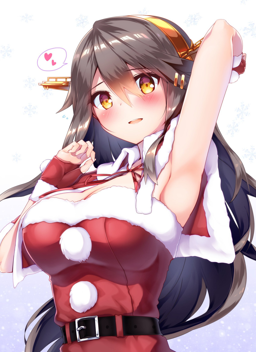 1girl black_hair brown_eyes commentary_request dress fingerless_gloves fur-trimmed_dress fur_trim gloves gradient gradient_background grey_background hair_ornament hairband hairclip haruna_(kantai_collection) headgear heart highres kantai_collection long_hair looking_at_viewer official_alternate_costume red_dress red_gloves snowflake_background solo spoken_heart strapless tsukui_kachou upper_body white_background