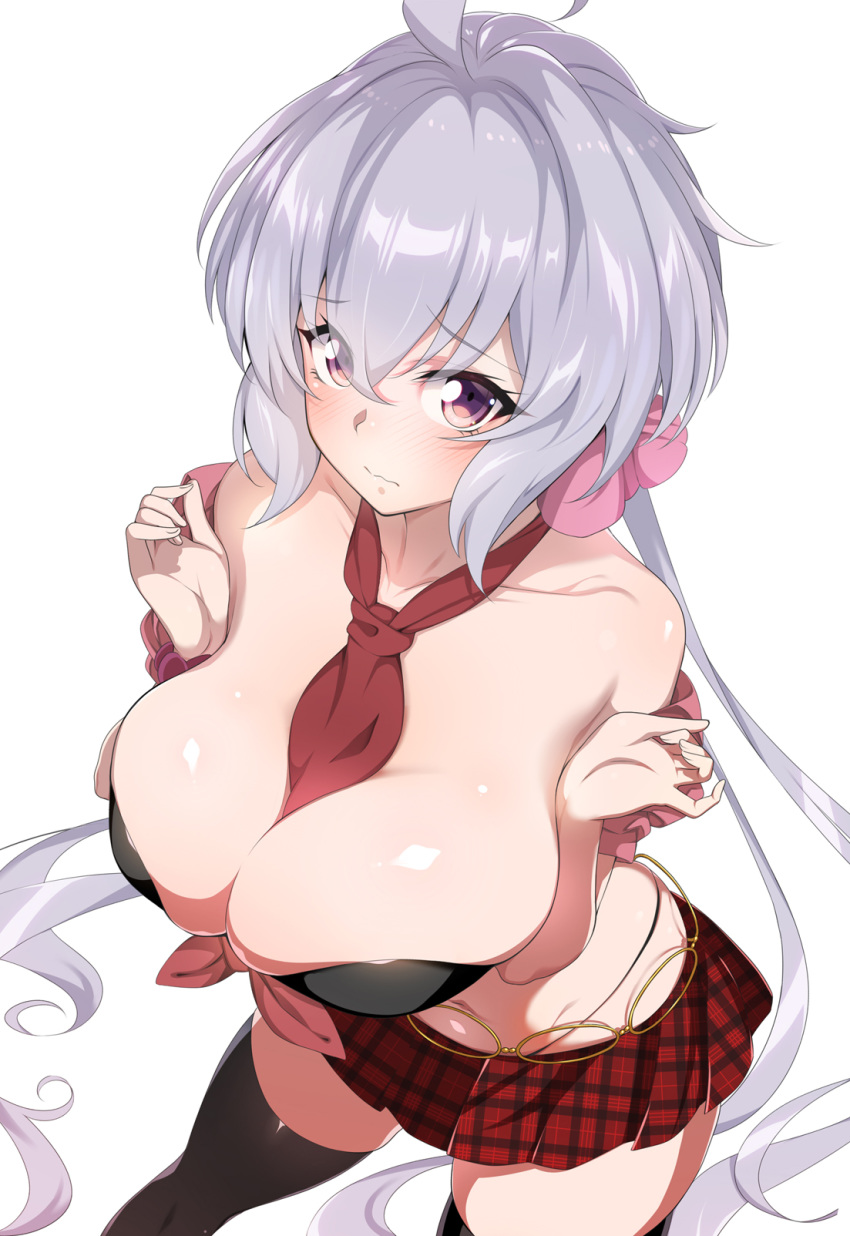 1girl ahoge between_breasts bikini bikini_under_clothes black_bikini breasts highres kurihara_kenshirou large_breasts light_purple_hair long_hair looking_at_viewer low_twintails navel necktie purple_eyes scrunchie senki_zesshou_symphogear shiny shiny_hair shiny_skin side-tie_bikini simple_background skindentation skirt solo swimsuit twintails white_background yukine_chris