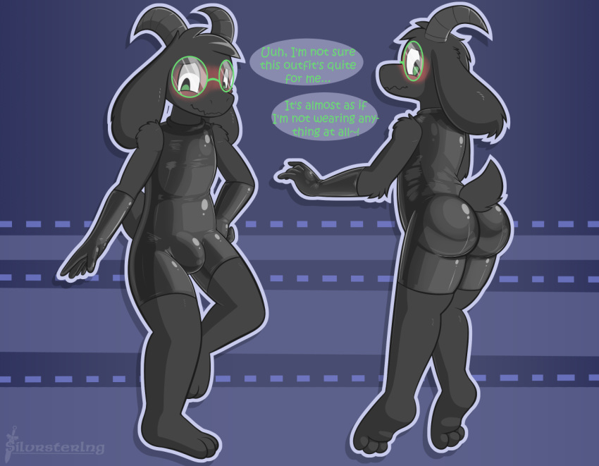 abstract_background anthro blush bodysuit boss_monster bovid bulge butt caprine clothing deltarune dialogue eyewear glasses goat horn looking_back male mammal ralsei rubber rubber_suit rvlis shiny_(disambiguation) skinsuit solo speech_bubble tight_clothing undertale video_games watermark