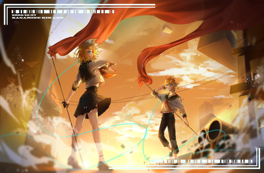 1boy 1girl 9981nashi barcode black_collar blonde_hair blue_eyes bow character_name chinese_commentary cloud collar collared_shirt commentary dated flag flagpole hair_bow highres holding holding_flag kagamine_len kagamine_rin miniskirt neckerchief pleated_skirt red_flag red_neckwear sailor_collar scenery school_uniform shirt short_hair short_ponytail skirt spiked_hair standing twilight vocaloid white_bow white_shirt wide_shot