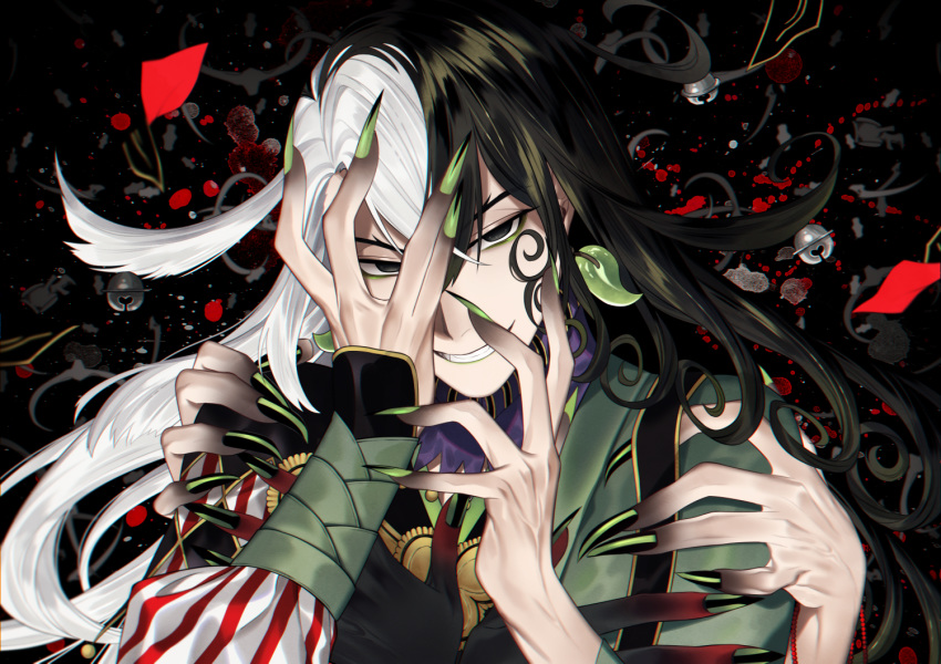 3boys ashiya_douman_(fate) asymmetrical_clothes asymmetrical_hair bell black_eyes black_hair curly_hair earrings evil_smile fate/grand_order fate_(series) fingernails green_eyeshadow green_kimono green_lipstick green_nails hair_bell hair_between_eyes hair_intakes hair_ornament hand_on_own_face hands_on_another's_shoulders japanese_clothes jewelry kimono lipstick long_hair looking_at_viewer magatama magatama_earrings makeup male_focus multicolored_hair multiple_boys open_clothes open_kimono ribbed_sleeves sharp_fingernails sindri smile two-tone_hair upper_body very_long_fingernails very_long_hair white_hair