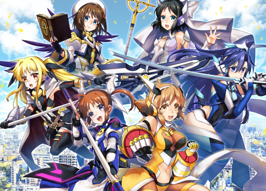 6+girls :d amatsuki_colors apron armor armored_dress armored_skirt bangs bardiche belt beret black_dress black_eyes black_gloves black_hair black_legwear black_ribbon black_wings blonde_hair blue_eyes blue_gloves blue_hair blue_legwear blue_leotard bodysuit book bracer breasts brown_belt brown_eyes brown_hair cape capelet clothing_cutout cloud cloudy_sky commentary_request crossover day dress elbow_gloves fate_testarossa feathered_wings fighting_stance fingerless_gloves floating gauntlets gloves hair_ornament hair_ribbon hand_on_own_chin hat headgear holding holding_book holding_staff holding_sword holding_weapon jacket juliet_sleeves kazanari_tsubasa kohinata_miku leaning_forward leg_up leotard long_hair long_sleeves looking_at_viewer lyrical_nanoha magical_girl mahou_shoujo_lyrical_nanoha_detonation medium_breasts medium_hair multiple_girls navel navel_cutout open_mouth orange_bodysuit outdoors partial_commentary puffy_sleeves raising_heart red_capelet red_eyes ribbon schwertkreuz senki_zesshou_symphogear short_dress sidelocks sky sleeveless sleeveless_dress smile staff sword tachibana_hibiki_(symphogear) takamachi_nanoha thighhighs tome_of_the_night_sky twintails two-sided_cape two-sided_fabric veil very_long_hair waist_apron waving weapon white_cape white_headwear white_jacket white_ribbon wings x_hair_ornament yagami_hayate yellow_gloves