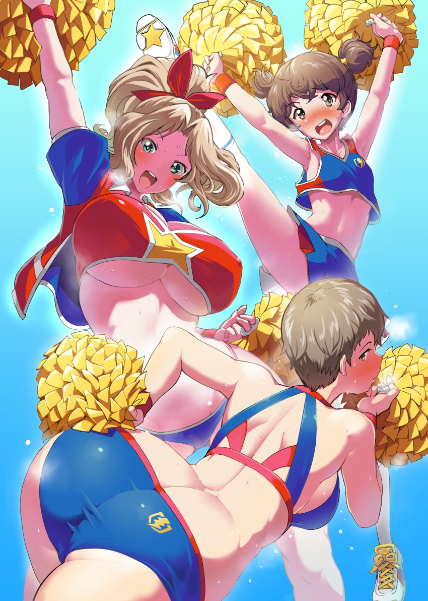 1girl absurdres alisa_(girls_und_panzer) arm_up ass bangs blonde_hair blue_background blue_eyes blue_panties blue_shorts blush breasts brown_eyes brown_hair butt_crack cheering cheerleader clothing_cutout covered_nipples crop_top freckles from_behind girls_und_panzer gym_shorts hair_intakes highres holding holding_pom_poms kay_(girls_und_panzer) leg_up long_hair looking_at_viewer looking_back medium_breasts midriff naomi_(girls_und_panzer) navel open_mouth panties pom_poms sasaki_tatsuya shiny shiny_hair shiny_skin short_hair short_twintails shorts skirt smile solo standing thighs twintails underboob underboob_cutout underwear very_short_hair