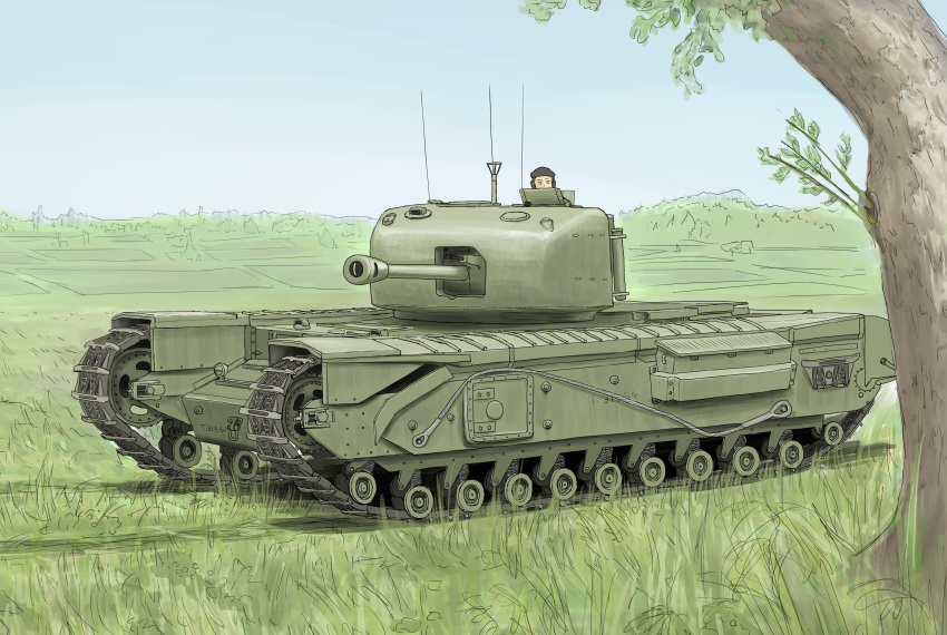 1boy absurdres artist_request caterpillar_tracks churchill_(tank) commentary_request day grass ground_vehicle hat headphones highres hill military military_hat military_vehicle motor_vehicle original sky tank tree