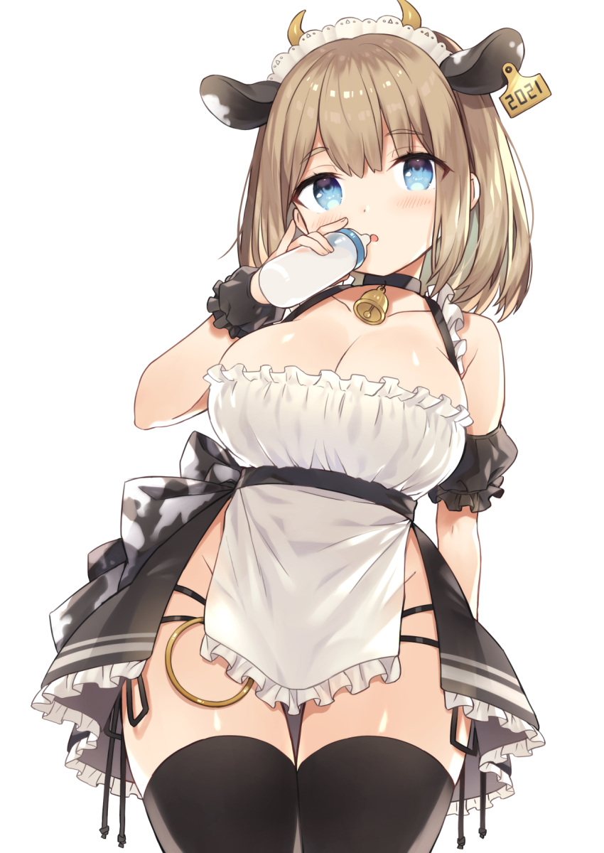 1girl animal_ears baby_bottle bare_shoulders bell black_choker black_legwear black_panties blue_eyes bottle breasts brown_hair choker cleavage collarbone cow_ears cow_girl cowboy_shot detached_sleeves frills highres holding large_breasts looking_at_viewer maid maid_headdress multi-strapped_panties original otou_mamayo panties panty_straps parted_lips pelvic_curtain revealing_clothes short_hair side-tie_panties solo thighhighs thighs underwear wrist_cuffs