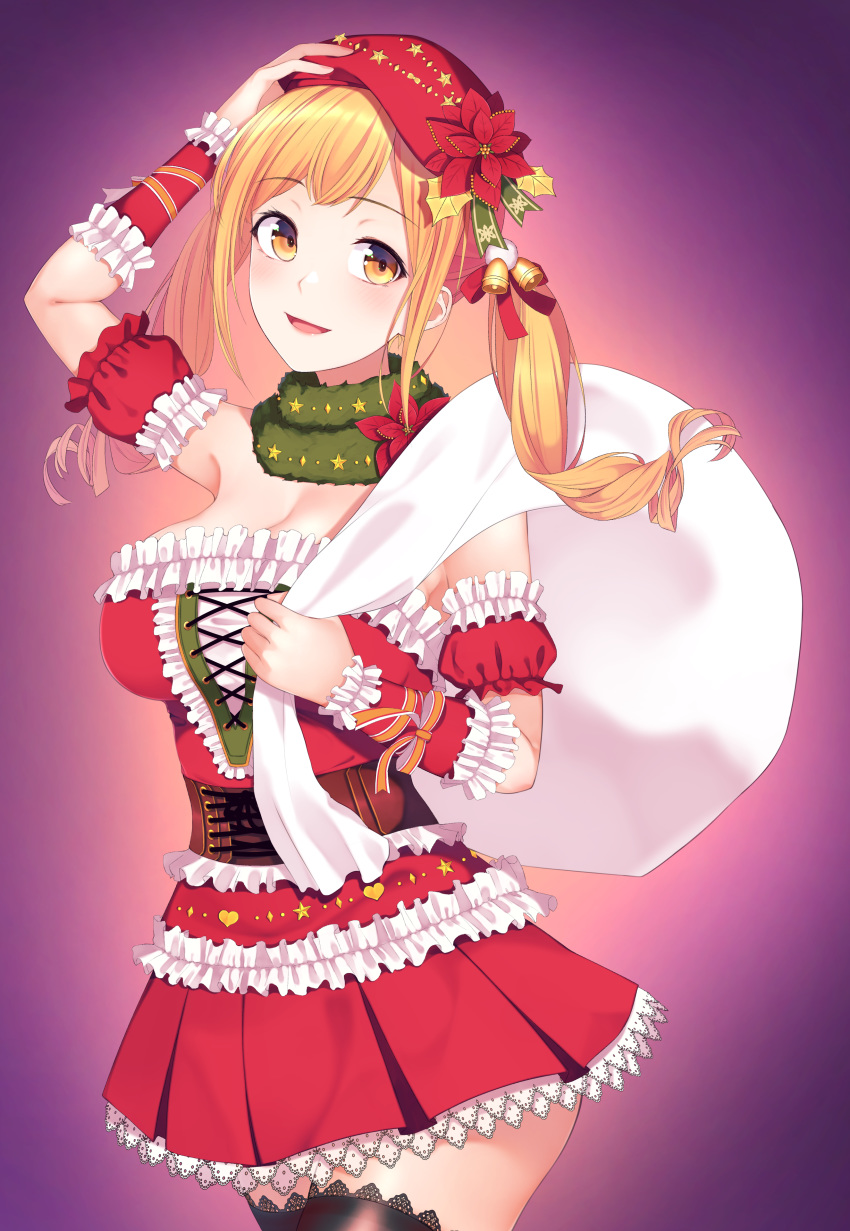 1girl :d absurdres bang_dream! bangs bare_shoulders bell beret black_legwear blonde_hair blush breasts christmas cleavage commentary_request corset cowboy_shot dress eyebrows_visible_through_hair flower frilled_dress frills gradient gradient_background green_neckwear hair_ornament hand_on_own_head hat hat_flower highres ichigaya_arisa large_breasts long_hair looking_at_viewer nishinomiya_suzu open_mouth orange_eyes partial_commentary purple_background red_dress red_headwear sack santa_dress sidelocks sleeveless sleeveless_dress smile solo standing strapless strapless_dress swept_bangs thighhighs twintails underbust wrist_cuffs zettai_ryouiki