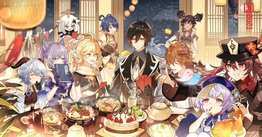 4boys 6+girls aether_(genshin_impact) ahoge bangs bead_necklace beads beidou_(genshin_impact) black_hair blonde_hair blue_hair book bottle bowl bracelet breasts brown_hair cake chongyun_(genshin_impact) closed_eyes cup dark_skin dark_skinned_female dated detached_sleeves double_bun dress eyebrows_visible_through_hair food ganyu_(genshin_impact) genshin_impact gloves gradient_hair hair_between_eyes hair_ornament hair_rings halo hat highres holding holding_book horns hu_tao indoors jacket jewelry keqing lantern long_hair long_sleeves mask mask_on_head multicolored_hair multiple_boys multiple_girls necklace new_year night ningguang ofuda open_mouth orange_hair paimon_(genshin_impact) plate purple_hair qing qing_guanmao qiqi red_hair scarf single_earring sitting smile snowing table tartaglia_(genshin_impact) teapot twintails vision_(genshin_impact) white_hair xiangling_(genshin_impact) xinyan_(genshin_impact) yunomi zhongli_(genshin_impact)