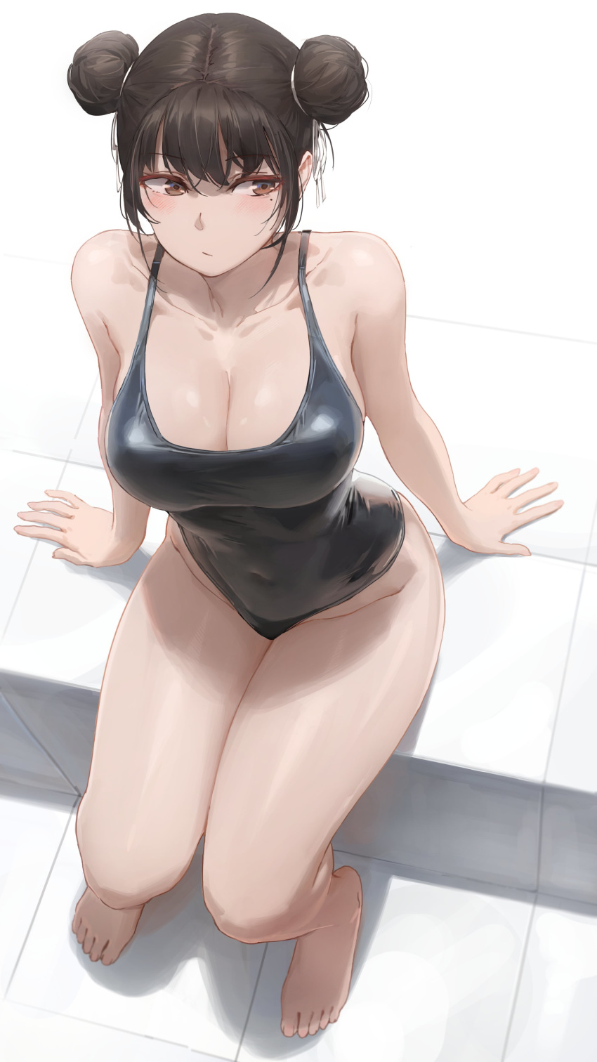 1girl absurdres bangs bare_shoulders black_swimsuit blush breasts brown_eyes brown_hair cleavage collarbone covered_navel double_bun free_style_(yohan1754) highres large_breasts legs long_hair looking_to_the_side one-piece_swimsuit original sidelocks sitting swimsuit