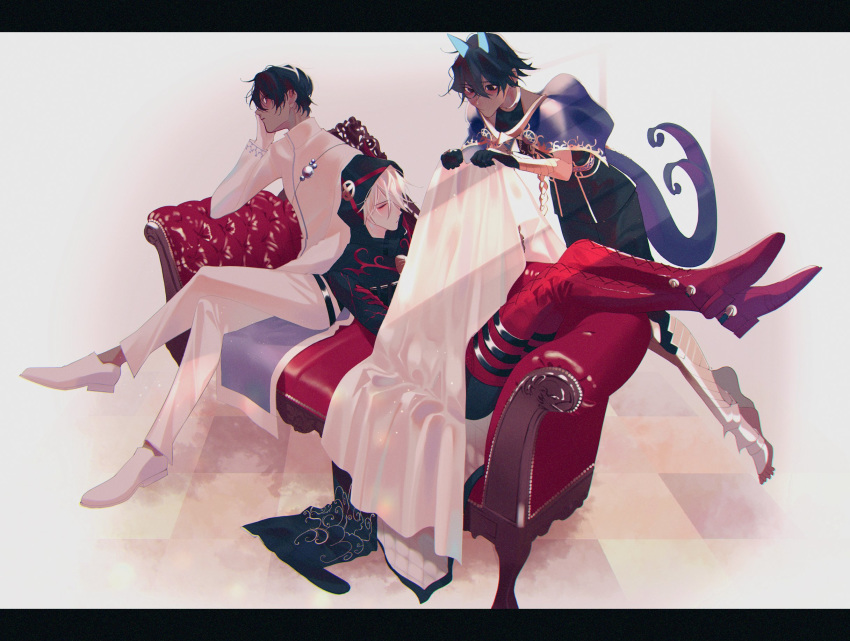 3boys arjuna_(fate/grand_order) arjuna_alter bangs black_border black_eyes black_gloves black_hair black_jacket black_pants black_shirt blanket blue_capelet boots border bush capelet closed_eyes couch crossed_legs dark_skin dark_skinned_male fate/grand_order fate_(series) floating full_body gloves hair_between_eyes hair_over_one_eye head_rest highres holding_blanket hood hood_up horns jacket karna_(santa)_(fate) leaning_on_person leg_armor letterboxed lim_(lim_6660129) looking_at_another male_focus multiple_boys pants profile red_footwear shirt shoes short_hair sideways_glance sitting sleeping tail thigh_boots thighhighs white_footwear white_gloves white_hair white_pants white_shirt