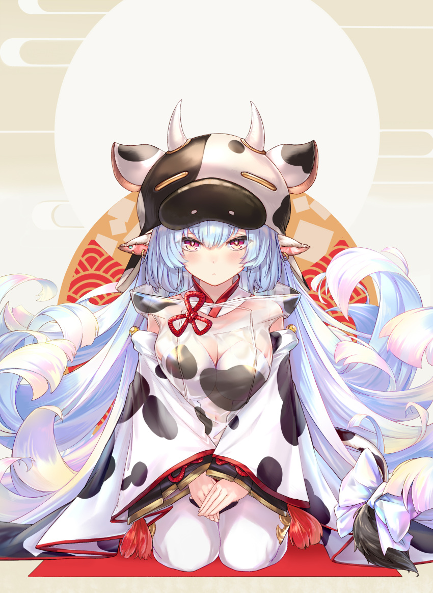 1girl absurdres animal_ears animal_print blue_hair breasts cleavage cow_ears cow_hood cow_horns cow_print detached_sleeves draph earrings granblue_fantasy highres horns jewelry large_breasts long_hair looking_at_viewer navel red_eyes shatola_(granblue_fantasy) sheer_clothes shionji_ax sitting solo very_long_hair wariza white_legwear wide_sleeves