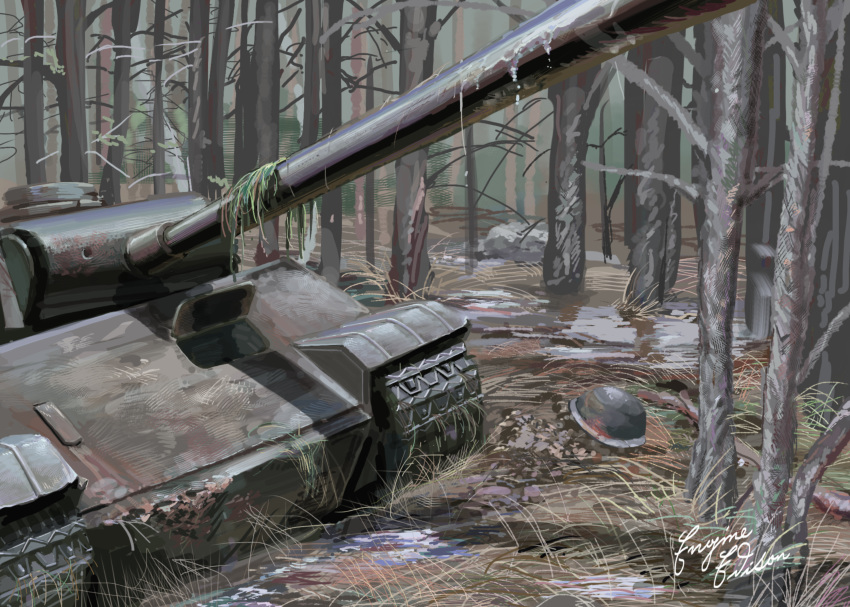 absurdres caterpillar_tracks day english_commentary enjinedison forest ground_vehicle hat helmet highres military military_hat military_vehicle motor_vehicle nature no_humans original panzerkampfwagen_panther scenery signature tank tree weapon