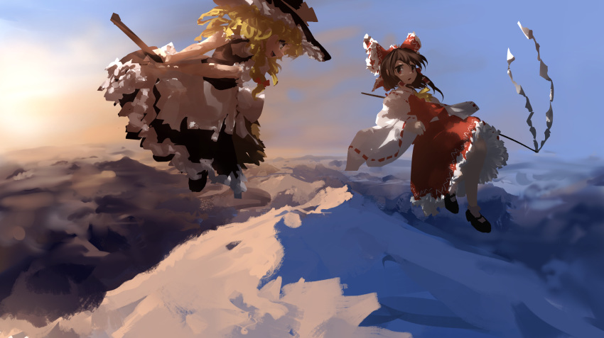 2girls apron black_dress black_footwear black_headwear blonde_hair bow broom broom_riding brown_hair cloud commentary day detached_sleeves dress flying gohei gradient_sky hair_bow hair_tubes hakurei_reimu hat hat_bow highres holding holding_stick kirisame_marisa long_hair looking_at_another mary_janes mountain multiple_girls petticoat profile puffy_short_sleeves puffy_sleeves red_bow red_dress ribbon-trimmed_sleeves ribbon_trim shoes short_sleeves sitting sky socks stick sun touhou ushitsuchi wavy_hair white_bow white_legwear wide_sleeves witch_hat