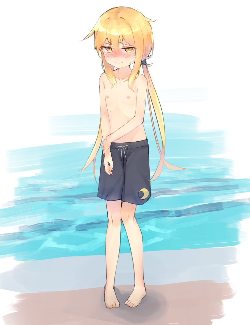 1girl absurdres bangs barefoot blonde_hair blush crescent crossdressing exhibitionism eyebrows_visible_through_hair flat_chest full_body hair_between_eyes highres kantai_collection long_hair low_twintails makkusu_(max_101010) male_swimwear male_swimwear_challenge nipples nose_blush pool satsuki_(kantai_collection) sidelocks simple_background skinny solo sweat swim_trunks swimwear topless twintails yellow_eyes