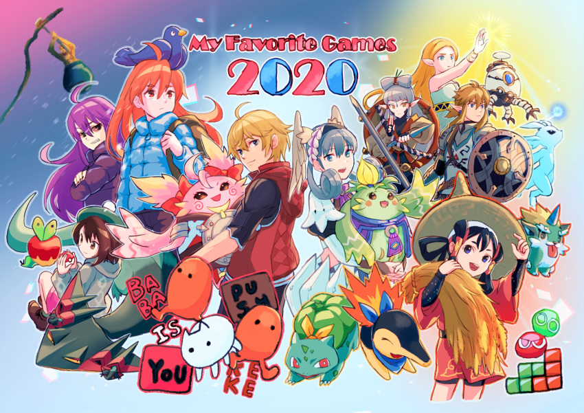 2020 2boys 6+girls :d animal_on_head applin baba_(baba_is_you) baba_is_you backpack badeline bag bird bird_on_head blonde_hair bulbasaur cauldron celeste_(video_game) character_request copyright_name copyright_request crossover cyndaquil diogenes_(getting_over_it) dragapult english_text fushigi_no_dungeon fuwamoko_momen_toufu gen_1_pokemon gen_2_pokemon gen_8_pokemon getting_over_it hammer head_wings highres holding holding_poke_ball hyrule_warriors:_age_of_calamity impa in_cauldron keke_(baba_is_you) kino_(xenoblade) link long_hair madeline_(celeste) magic melia_antiqua multiple_boys multiple_crossover multiple_girls nene_(xenoblade) nopon on_head open_mouth orange_eyes orange_hair poke_ball poke_ball_(basic) pokemon pokemon_(creature) pokemon_(game) pokemon_mystery_dungeon pokemon_swsh princess_zelda puyo_(puyopuyo) puyopuyo puyopuyo_tetris sakuna-hime shield shulk_(xenoblade) silver_hair sledgehammer smile soldier's_set_(zelda) sword tensui_no_sakuna-hime terrako the_legend_of_zelda the_legend_of_zelda:_breath_of_the_wild weapon xenoblade_chronicles xenoblade_chronicles:_future_connected xenoblade_chronicles_(series)