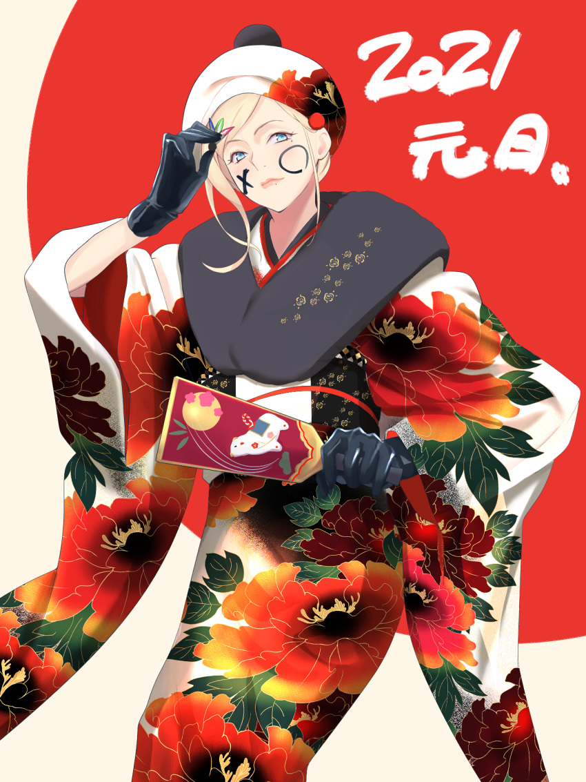 1girl 2021 black_gloves blonde_hair blue_eyes commentary_request cowboy_shot face_painting floral_print gloves hagoita highres japanese_clothes kantai_collection kimono leaning_forward looking_at_viewer mole mole_under_eye mole_under_mouth new_year official_alternate_costume paddle richelieu_(kantai_collection) shingyou_(alexander-13) solo standing white_headwear white_kimono