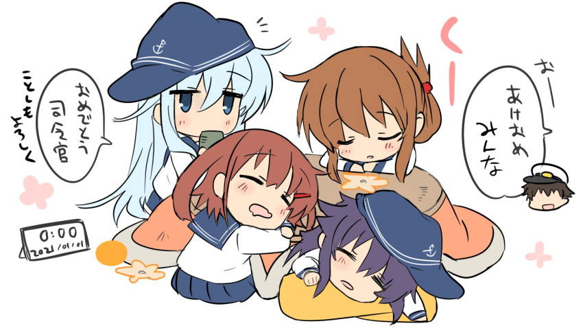 2021 4girls admiral_(kantai_collection) akatsuki_(kantai_collection) alarm_clock anchor_symbol black_hair blue_headwear blue_sailor_collar blue_skirt brown_hair chibi clock closed_eyes commentary_request cup dated flat_cap hat hibiki_(kantai_collection) hizuki_yayoi ikazuchi_(kantai_collection) inazuma_(kantai_collection) kantai_collection kotatsu long_hair looking_at_viewer multiple_girls pleated_skirt sailor_collar simple_background skirt sleeping table translation_request white_background yunomi