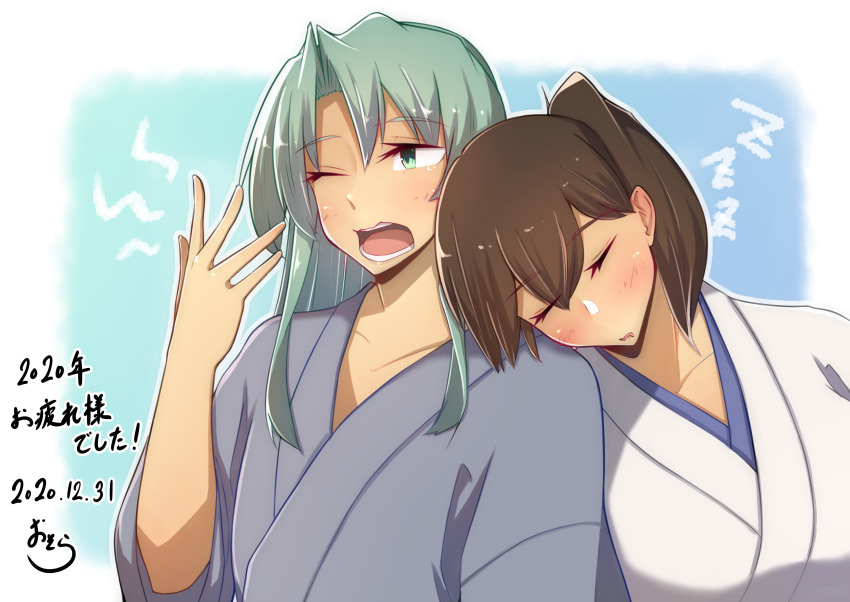 2girls absurdres brown_hair closed_eyes collarbone hair_ribbon highres japanese_clothes kaga_(kantai_collection) kantai_collection leaning_on_person long_hair multiple_girls open_mouth ragau01 ribbon side_ponytail sleeping sleeping_on_person sleeping_upright translation_request twintails yawning zuikaku_(kantai_collection)