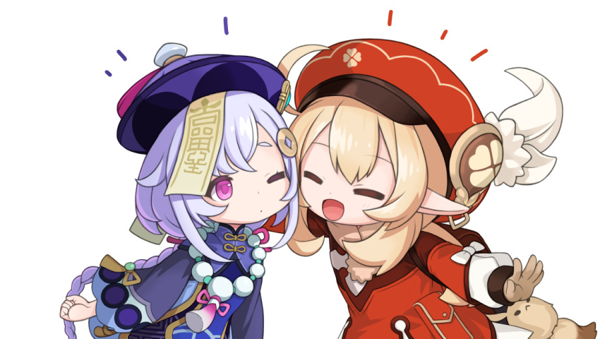 2girls ahoge backpack bag bangs bead_necklace beads blonde_hair blush braid closed_eyes coin coin_hair_ornament dress genshin_impact hair_between_eyes hat hat_feather jewelry klee_(genshin_impact) long_hair long_sleeves low_twintails multiple_girls necklace pointy_ears purple_eyes purple_hair purple_headwear qing_guanmao qiqi ran_system red_dress red_headwear smile talisman thighhighs twintails white_feathers wide_sleeves