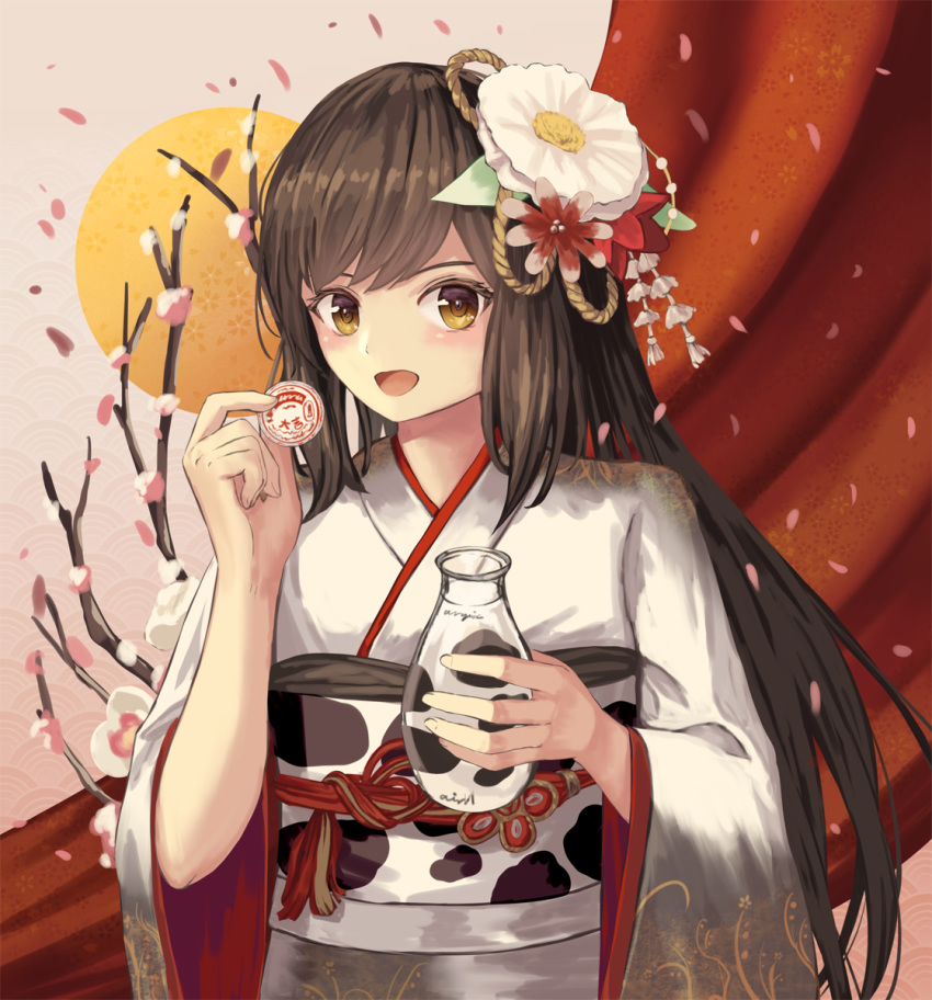 1girl 2021 animal_print arms_up bangs bottle bottle_cap brown_eyes brown_hair cherry_blossoms commentary_request cow_print curtains flower furisode gradient gradient_background grey_background hair_flower hair_ornament highres holding holding_bottle japanese_clothes kimono long_hair looking_at_viewer milk_bottle obi ookashippo open_mouth original pink_background sash seigaiha solo standing sun_(symbol) tree_branch upper_body very_long_hair white_kimono