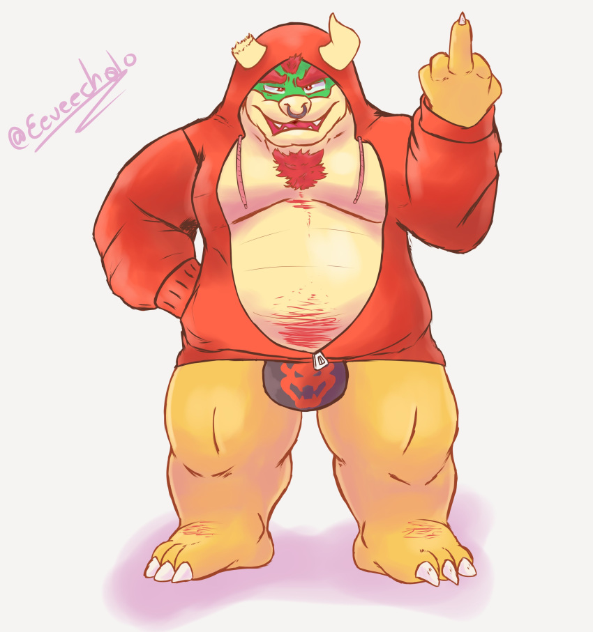 2020 3_toes 5_fingers absurd_res anthro belly body_hair bowser broken_horn chest_hair claws clothing eeveecholo eyebrows facial_piercing fingers gesture hair hi_res hoodie horn humanoid_hands koopa looking_at_viewer male mario_bros middle_finger moobs nintendo nose_piercing nose_ring open_maw open_mouth overweight overweight_anthro overweight_male piercing red_eyes red_hair reptile scalie simple_background solo thick_eyebrows toes topwear underwear video_games