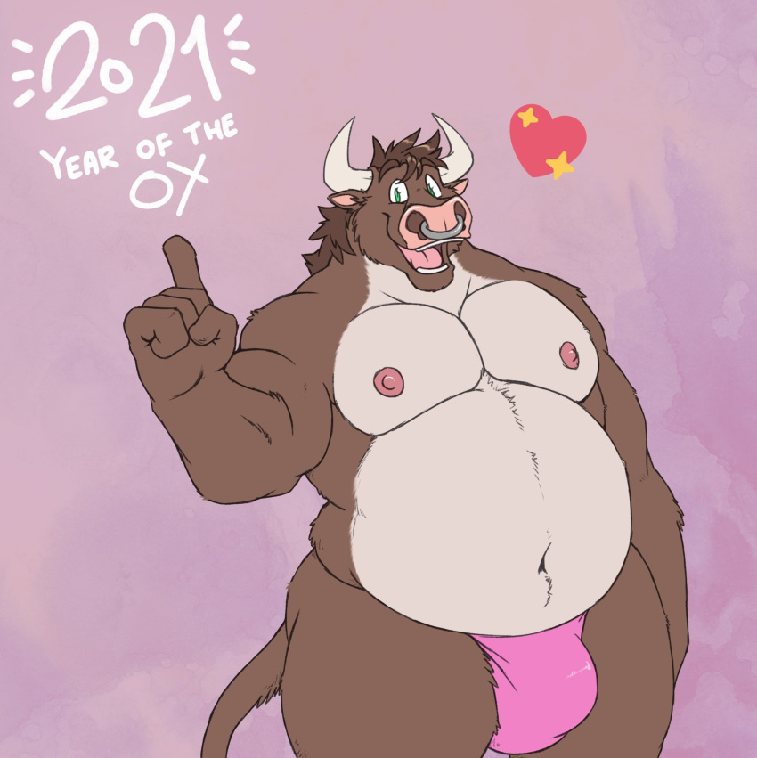&lt;3 2020 2021 5_fingers anthro areola arm_tuft barazoku belly belly_tuft biceps biped bottomwear bovid bovine brown_body brown_eyebrows brown_fur brown_hair bulge cheek_tuft clothed clothing countershade_torso countershading curved_horn deep_navel digital_drawing_(artwork) digital_media_(artwork) english_text eyebrows facial_piercing facial_tuft fingers front_view fur fur_tuft gesture green_eyes grey_body grey_countershading grey_fur grey_horn grey_piercing hair happy head_tuft hi_res horn long_tail looking_at_viewer love_handles male mammal multicolored_body multicolored_fur musclegut muscular muscular_anthro muscular_male navel nipples nose_piercing number open_mouth open_smile overweight overweight_anthro overweight_male panties pecs piercing pink_areola pink_background pink_bottomwear pink_clothing pink_nipples pink_panties pink_tongue pink_underwear pointing red_heart ring_piercing rodeo_(skaifox) septum_piercing short_hair shoulder_tuft simple_background skaifox small_ears smile solo standing teeth text thin_tail three-quarter_view tongue topless topless_male tuft two_tone_body two_tone_fur underwear white_text wide_eyed wide_hips