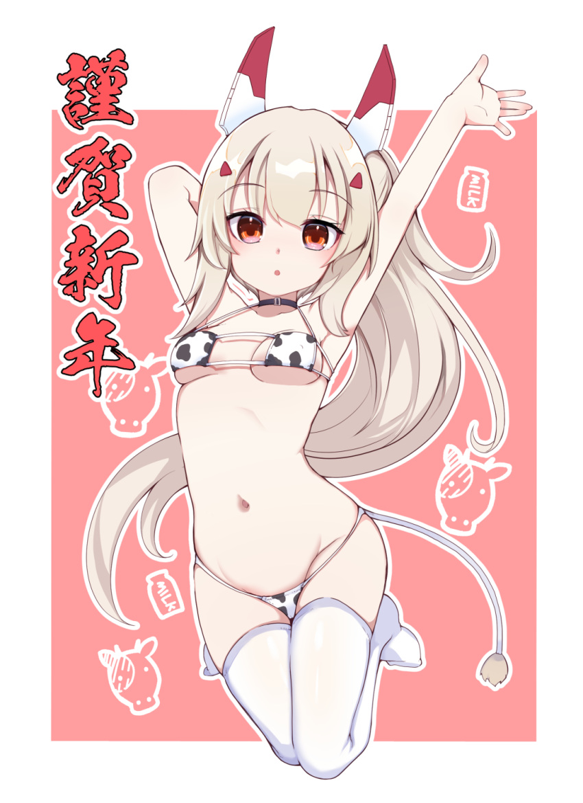 1girl :o animal_print arms_up ayanami_(azur_lane) azur_lane bangs bikini black_choker breasts brown_hair chinese_zodiac choker collarbone commentary_request cow_print cow_tail eyebrows_visible_through_hair eyepatch_bikini full_body groin hair_between_eyes hair_ornament headgear highres long_hair looking_at_viewer medium_breasts navel outline parted_lips ponytail print_bikini red_eyes sidelocks solo swimsuit tail takara_akihito thighhighs translation_request very_long_hair white_legwear white_outline year_of_the_ox