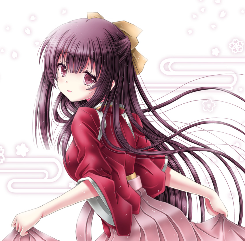 1girl amou_yuu blush bow eyebrows_visible_through_hair graphite_(medium) hair_bow hair_ribbon hakama highres japanese_clothes kamikaze_(kantai_collection) kantai_collection kimono looking_at_viewer meiji_schoolgirl_uniform pink_hakama purple_eyes purple_hair ribbon solo tasuki traditional_media yellow_bow yellow_ribbon