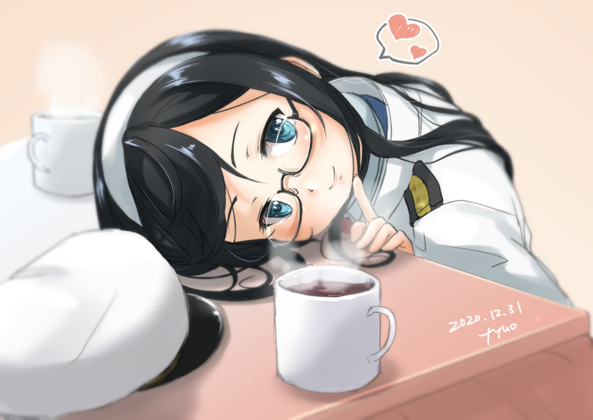 1girl black_hair blue_eyes commentary_request cup fyuo glasses hairband hat hat_removed headwear_removed heart highres jacket jacket_on_shoulders kantai_collection kotatsu long_hair looking_at_viewer mug ooyodo_(kantai_collection) peaked_cap semi-rimless_eyewear smile solo spoken_heart table under-rim_eyewear upper_body white_hairband white_headwear