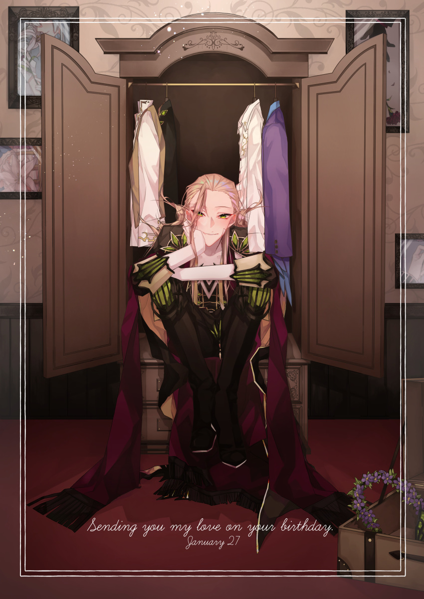 1boy absurdres birthday blonde_hair closet english_text fate/grand_order fate_(series) formal full_body gloves green_eyes hand_on_own_face high_collar highres long_hair long_sleeves male_focus mizuki_(mz) no_headwear open_mouth sitting smile solo very_long_hair white_gloves wolfgang_amadeus_mozart_(fate/grand_order)