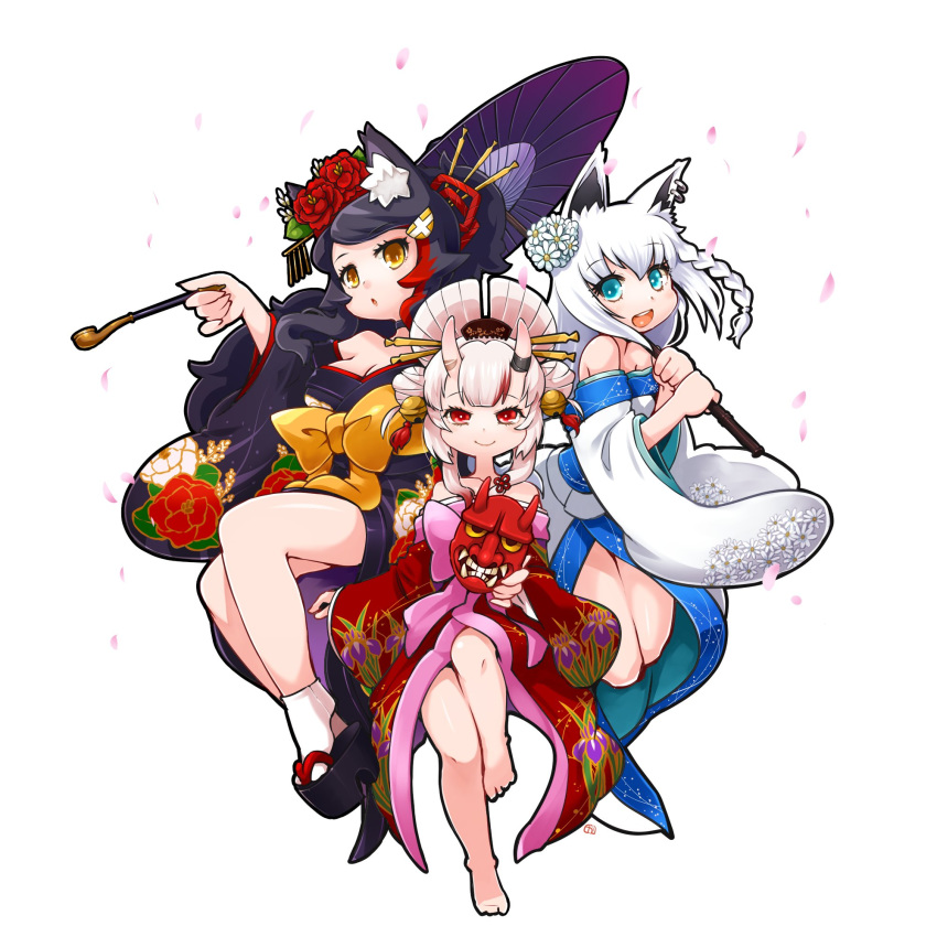 3girls animal_ear_fluff animal_ears bangs black_hair black_kimono braid cherry_blossoms commentary_request detached_sleeves double_bun earrings eyebrows_visible_through_hair floral_print flower fox_ears fox_girl green_eyes hair_between_eyes hair_flower hair_ornament hair_up highres holding holding_mask holding_pipe holding_umbrella hololive horns japanese_clothes jewelry kaerun kimono long_hair looking_at_viewer mask multicolored_hair multiple_girls nakiri_ayame obi off-shoulder_kimono oil-paper_umbrella oni_horns oni_mask ookami_mio open_mouth petals pipe red_eyes red_hair red_kimono sash shirakami_fubuki sidelocks silver_hair simple_background single_braid two-tone_hair umbrella virtual_youtuber white_background white_hair white_kimono wide_sleeves wolf_ears wolf_girl yellow_eyes