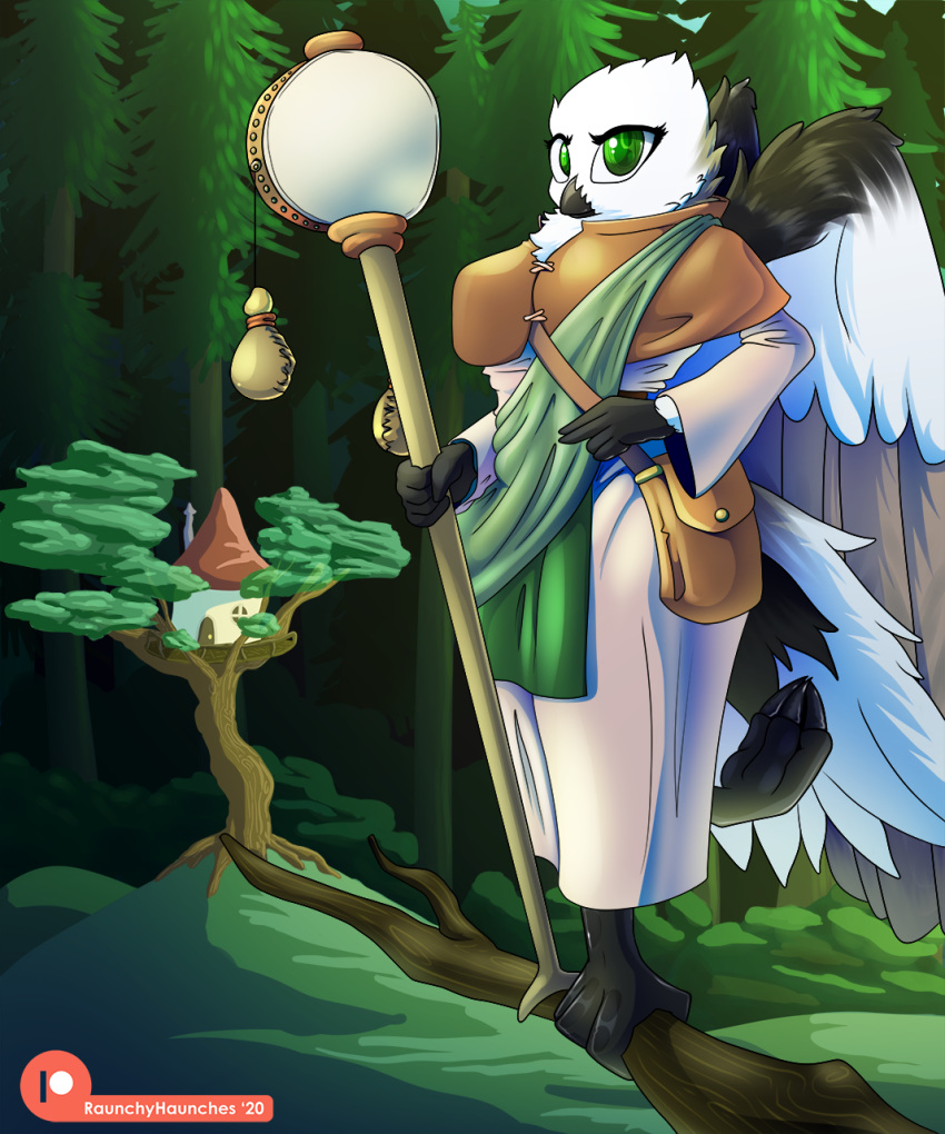 avian big_breasts bird branch breasts clothing d_and_d detailed_background drum dungeons_and_dragons emerald_(disambiguation) fantasy feathers female forest green_eyes green_robes gripping_branch hasbro healer hi_res korean_crow_tit magic magic_user medicine musical_instrument outside perched percussion_instrument pink_robes plant raunchyhaunches robe satchel small_beak staff standing tree tree_house white_body white_feathers white_plumage wings wings_on_back wizards_of_the_coast