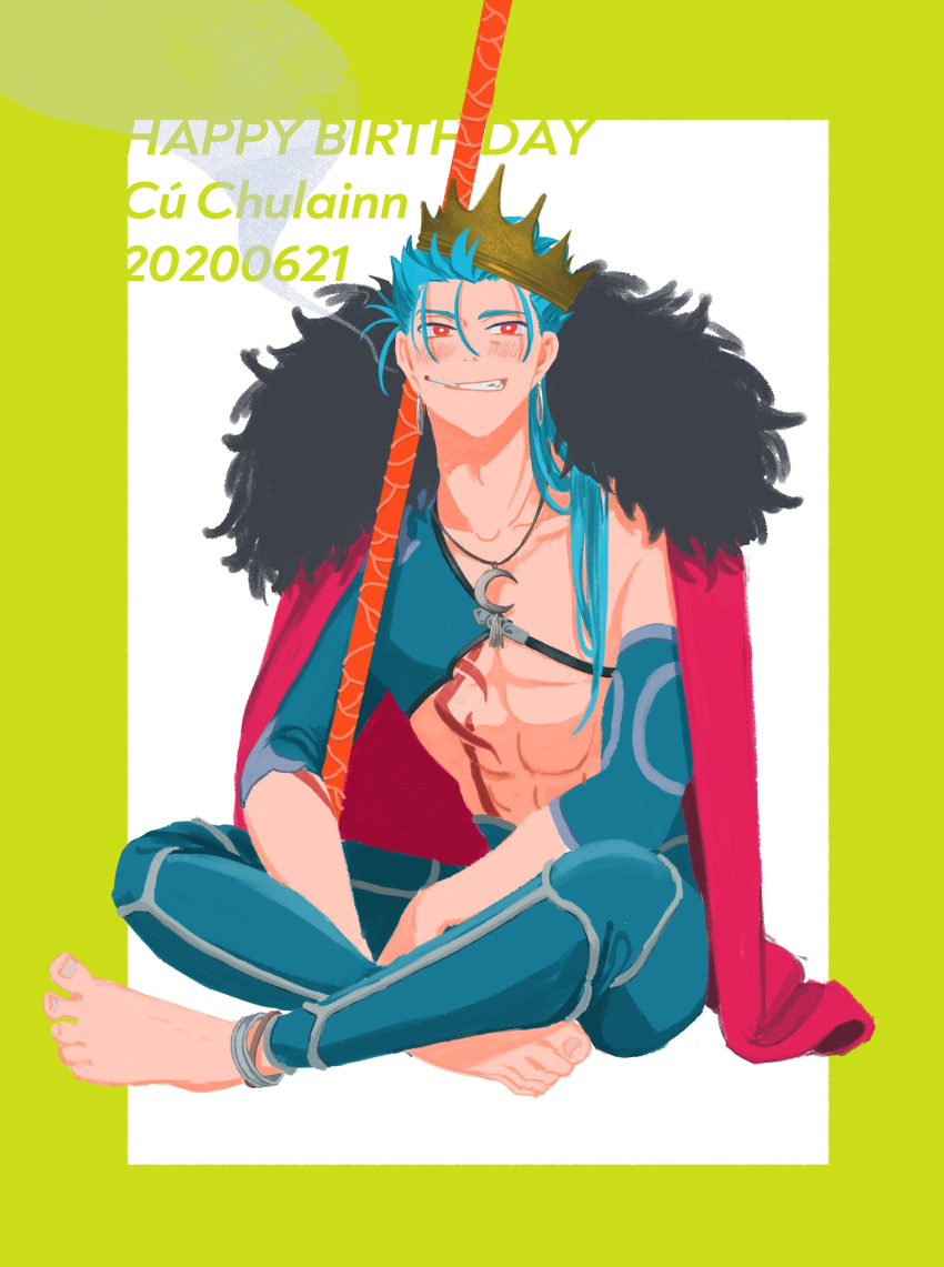 1boy abs absurdres barefoot blue_hair bodypaint bracelet bright_pupils cape character_name closed_mouth crescent_necklace crossed_legs crown cu_chulainn_(fate)_(all) dated detached_sleeves earrings fang fate/grand_order fate_(series) fur-trimmed_cape fur_trim gae_bolg grin happy_birthday highres ima_yonderu jewelry lancer long_hair looking_at_viewer male_focus muscular pants red_eyes shirtless sitting skin_tight smile smoke solo spiked_hair strap type-moon white_pupils