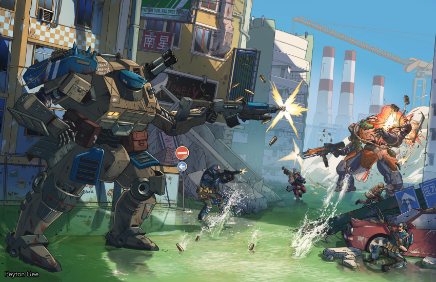 4boys assault_rifle car crane_(machine) explosion firing flower genghis_(lancer_rpg) glowing glowing_eyes ground_vehicle gun highres holding holding_gun holding_weapon lancer_rpg mecha motor_vehicle multiple_boys official_art one-eyed peyton_gee pink_eyes red_flower rifle rocket_launcher science_fiction shell_casing shoulder_cannon tortuga_(lancer_rpg) weapon wreath