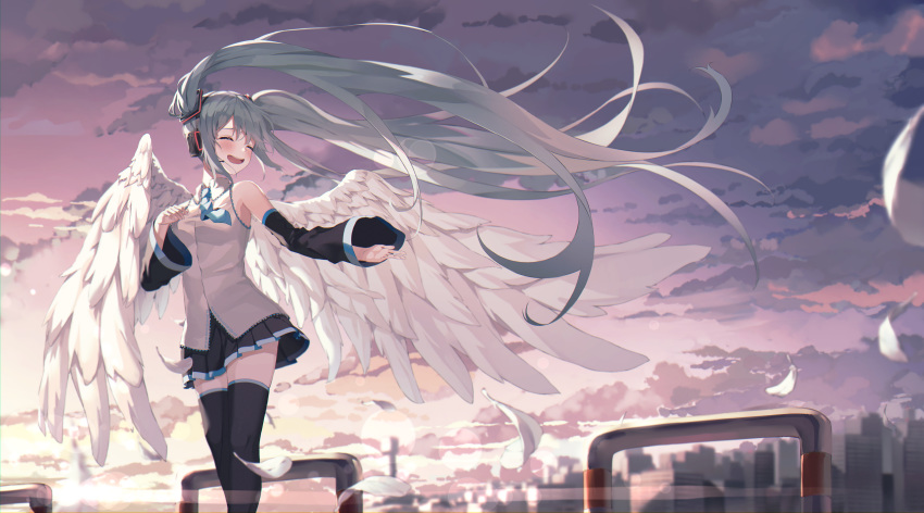 1girl absurdres blue_hair blush building closed_eyes cloud detached_sleeves dustea feathered_wings feathers hair_ornament hatsune_miku highres huge_filesize necktie scenery skirt skyscraper smile sunset thighhighs twintails vocaloid wind wings