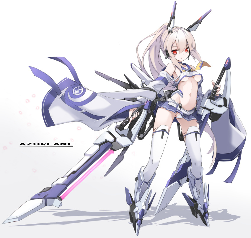 1girl areolae ayanami_(azur_lane) azur_lane bangs bare_shoulders belt belt_buckle blue_sailor_collar blue_skirt blush boots breasts buckle commentary_request copyright_name crop_top detached_sleeves dual_wielding fingernails gradient gradient_background grey_background grey_footwear groin hair_between_eyes headgear high_ponytail highres holding holding_sword holding_weapon karukan_(monjya) long_hair long_sleeves mechanical_boots medium_breasts navel panties parted_lips pleated_skirt ponytail red_eyes retrofit_(azur_lane) revision sailor_collar school_uniform serafuku shadow shirt skirt sleeveless sleeveless_shirt sleeves_past_wrists solo standing sword thighhighs underwear very_long_hair weapon white_background white_belt white_legwear white_panties white_shirt wide_sleeves yellow_neckwear