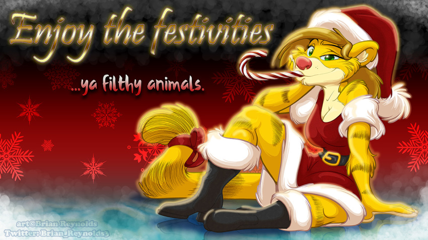 16:9 anthro blonde_hair boots breasts brian_reynolds candy candy_cane christmas christmas_clothing christmas_headwear cleavage clothed clothing costume dessert english_text felid female food footwear fur gloria_(toonfx) hair hat headgear headwear holidays mammal santa_costume santa_hat solo text toonfx widescreen yellow_body yellow_fur