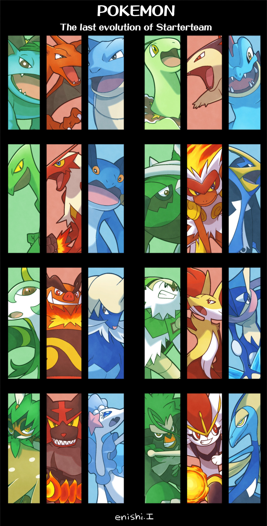 absurdres black_background blastoise blaziken charizard chesnaught cinderace commentary_request copyright_name creature decidueye delphox emboar empoleon english_text enishi_(menkura-rin10) face feraligatr gen_1_pokemon gen_2_pokemon gen_3_pokemon gen_4_pokemon gen_5_pokemon gen_6_pokemon gen_7_pokemon gen_8_pokemon greninja highres incineroar infernape inteleon looking_at_viewer meganium no_humans pokemon pokemon_(creature) primarina rillaboom samurott sceptile serperior signature simple_background swampert torterra typhlosion venusaur