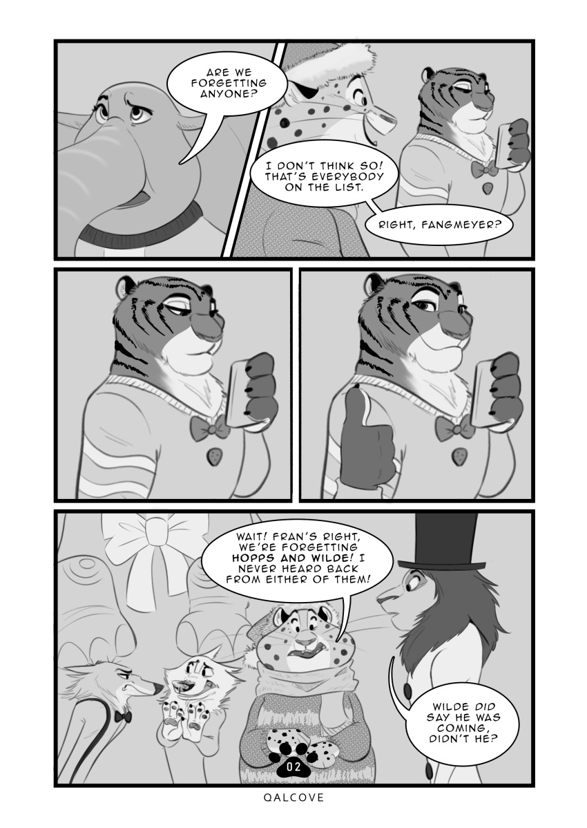 2020 absurd_res anthro benjamin_clawhauser canid canine canis cellphone cheetah comic dialogue disney elephant elephantid english_text felid feline francine_pennington fur group hi_res holding_cellphone holding_object holding_phone lion mammal monochrome officer_fangmeyer pantherine phone proboscidean qalcove speech_bubble spots spotted_body spotted_fur striped_body striped_fur stripes text tiger whiskers wolf zootopia
