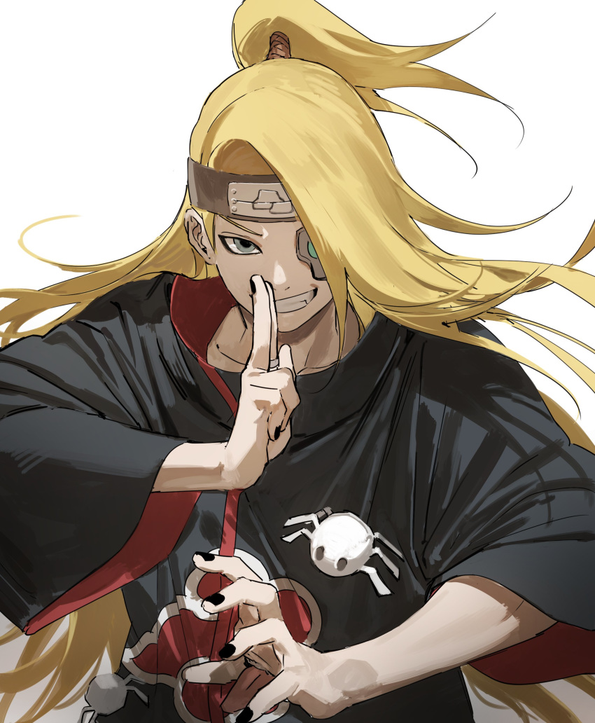 1boy absurdres akatsuki_(naruto) akatsuki_uniform bangs black_nails blonde_hair blue_eyes bug commentary_request deidara fang forehead_protector grin hair_over_one_eye hands_up headband highres long_hair long_sleeves looking_at_viewer male_focus naruto naruto_(series) ningyeon ninja ponytail simple_background smile solo spider upper_body white_background wide_sleeves