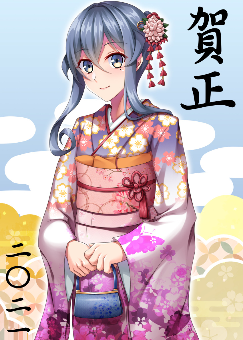 1girl absurdres alternate_costume blue_hair blue_kimono flower gotland_(kantai_collection) gradient_clothes gradient_kimono hair_bun hair_flower hair_ornament highres japanese_clothes kantai_collection kimono mole mole_under_eye obi print_kimono purple_kimono ruin_re_birth sash sidelocks smile solo white_kimono wide_sleeves