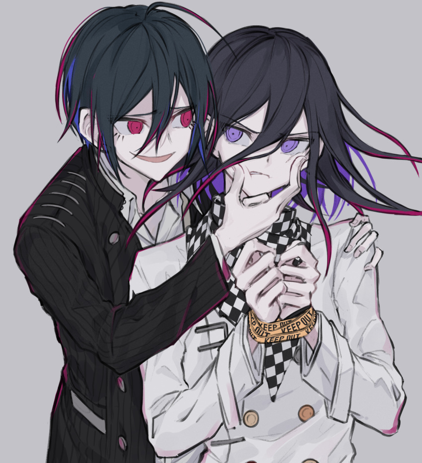 2boys ahoge alternate_eye_color bangs black_hair black_jacket bound bound_wrists caution_tape checkered checkered_scarf cheek_squash colored_inner_hair commentary_request danganronpa_(series) danganronpa_v3:_killing_harmony double-breasted grey_background hair_between_eyes hand_on_another's_face hand_up highres iumi_urura jacket keep_out long_sleeves looking_at_another male_focus medium_hair multicolored_hair multiple_boys open_mouth ouma_kokichi purple_hair saihara_shuuichi scarf short_hair simple_background smile straitjacket striped_jacket white_jacket