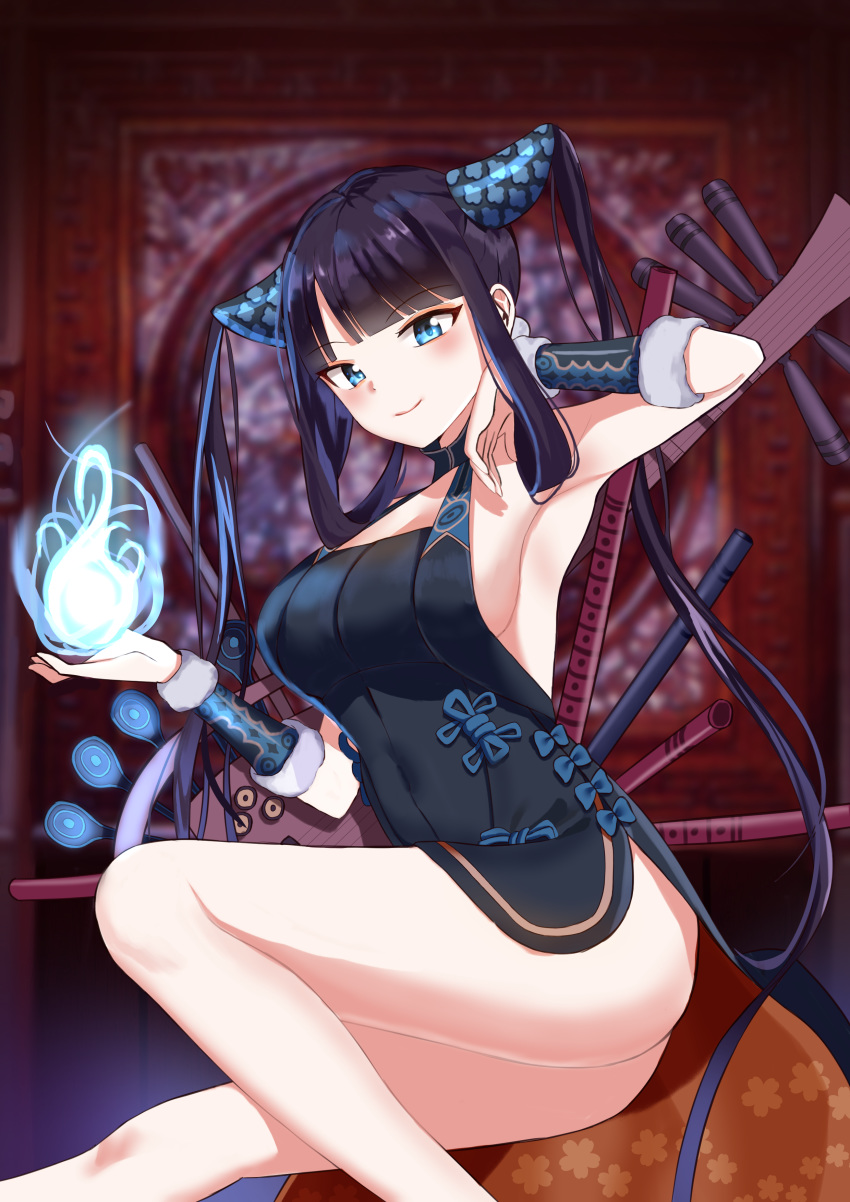 1girl absurdres armpits ass bangs bare_shoulders black_dress blue_eyes blue_fire blunt_bangs blurry blurry_background blush boo_iro breasts china_dress chinese_clothes cleavage closed_mouth covered_navel detached_sleeves dress fate/grand_order fate_(series) fire floral_print flute hair_ornament hand_up highres instrument large_breasts long_hair looking_at_viewer multiple_torii pipa_(instrument) purple_hair revision side_slit sidelocks smile solo thighs torii twintails very_long_hair yang_guifei_(fate/grand_order)