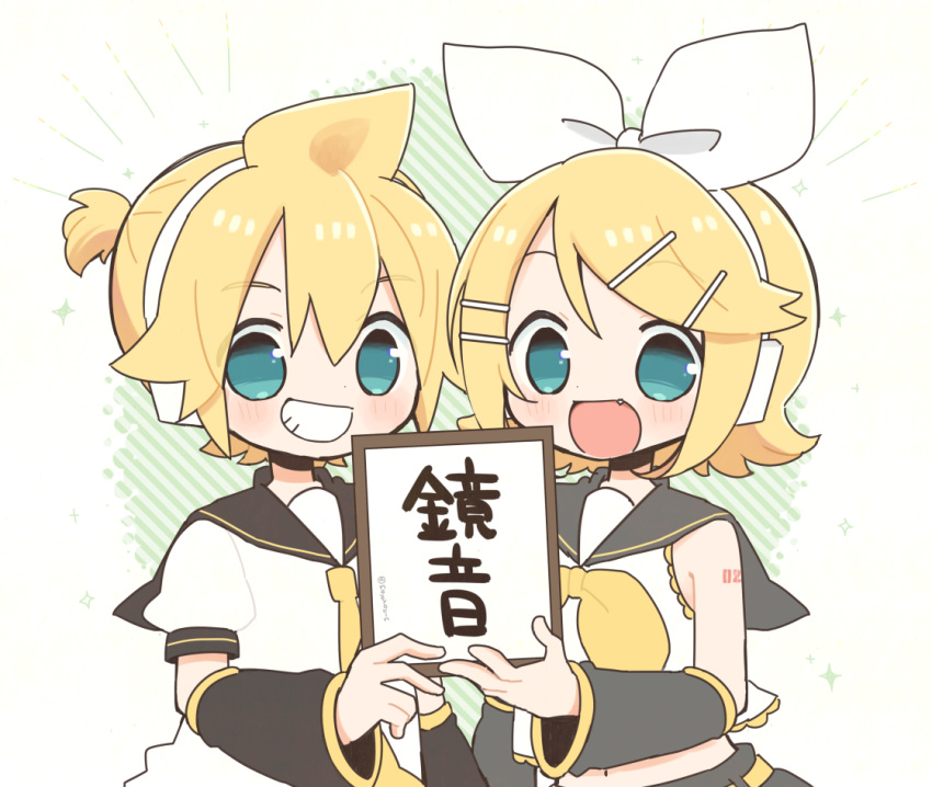 1boy 1girl aqua_eyes arm_warmers bangs bare_shoulders black_collar black_sleeves blonde_hair bow character_name chibi collar commentary crop_top fang grin hair_bow hair_ornament hairclip headphones holding holding_sign kagamine_len kagamine_rin looking_at_viewer najo neckerchief necktie parody sailor_collar school_uniform shirt short_hair short_ponytail short_sleeves shoulder_tattoo side-by-side sign sleeveless sleeveless_shirt smile spiked_hair star_(symbol) swept_bangs tattoo upper_body vocaloid white_bow white_shirt yellow_neckwear