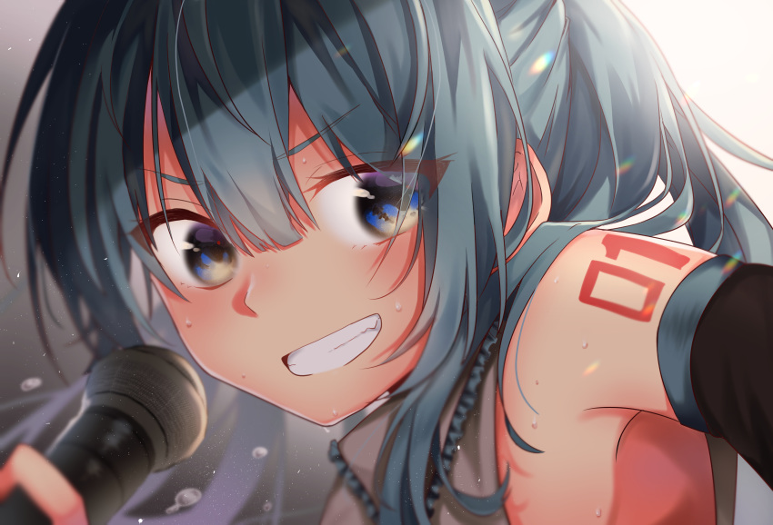 1girl absurdres armpits bare_shoulders blue_eyes blue_hair blurry blurry_background blurry_foreground close-up commentary depth_of_field detached_sleeves frilled_shirt_collar frills from_side grin hatsune_miku highres holding holding_microphone long_hair looking_at_viewer microphone mukuro_usss portrait rainbow refraction shirt shoulder_tattoo sleeveless sleeveless_shirt smile solo spotlight sweat tattoo tsurime twintails vocaloid
